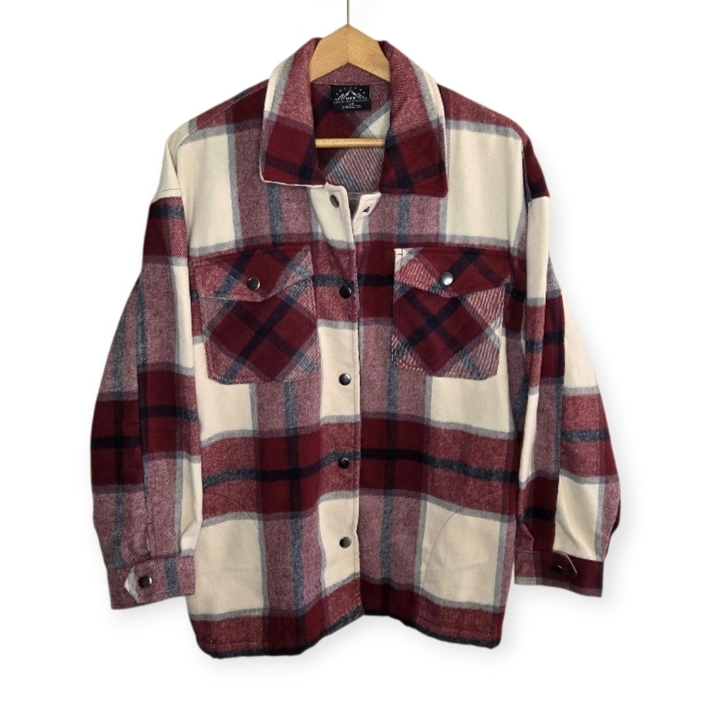 HFX Burgundy Cream Plaid Fleece Snap Front Shirt Jacket Shacket Size Large